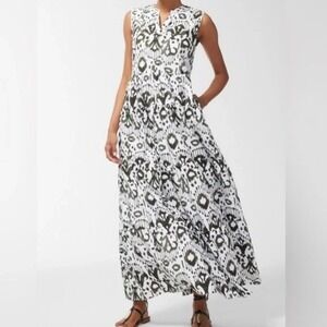 CHICOS Ikat Tiered Maxi Dress Sz‎ 3 (US 16) Pockets Sleeveless Green White Long